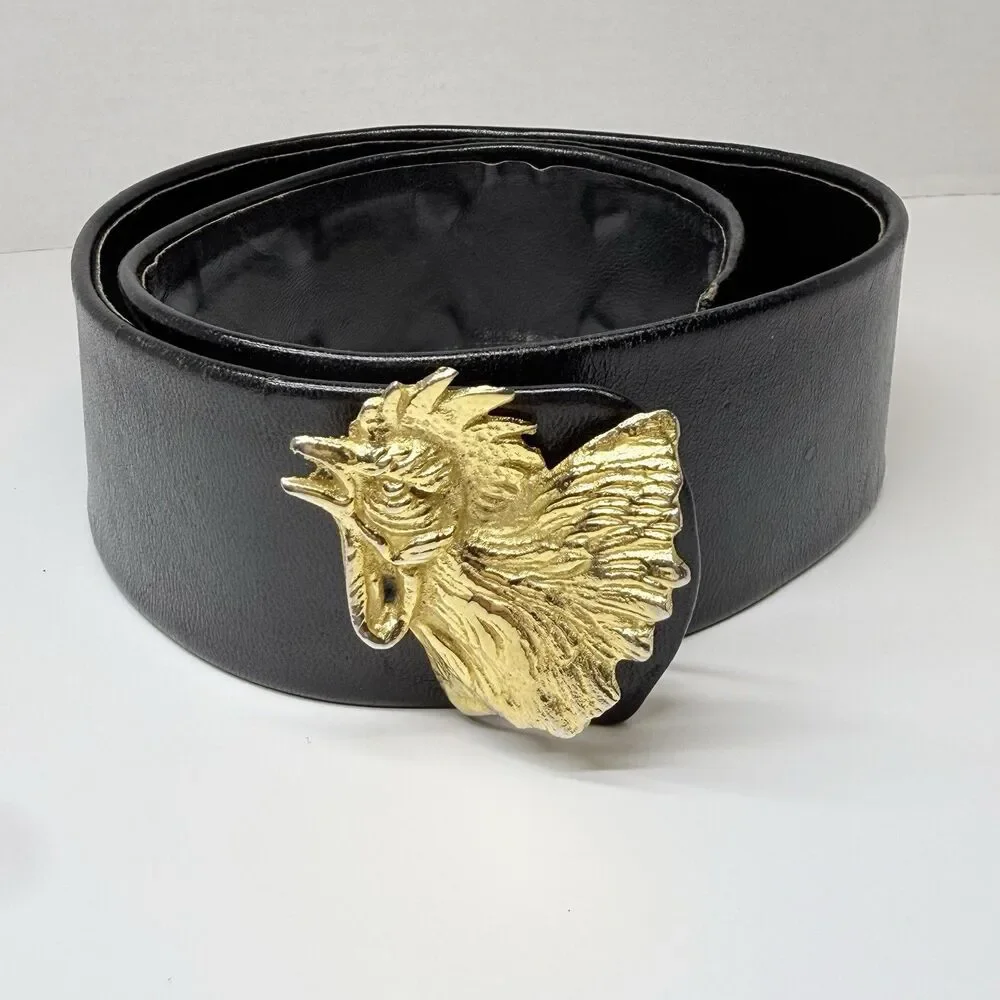 Vintage Hand Made In Italy Gold Metal Rooster Head Buckle On Black Leather Belt